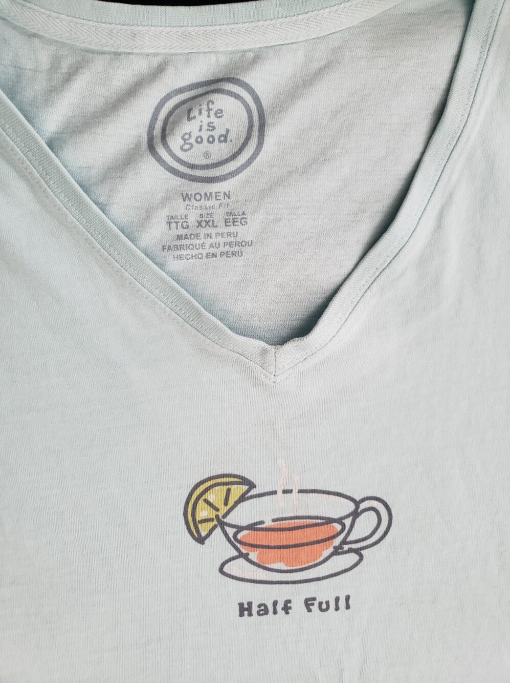 Life Is Good Blue V-Neck Tee Tea Cup & Lemon "Half Full" Graphic T Shirt XXL